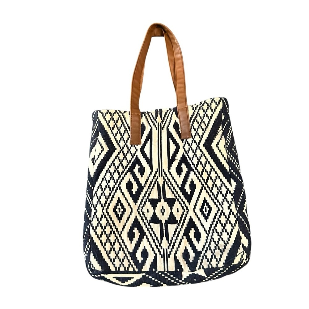Love Stitch Blue and Cream Geometric Tote